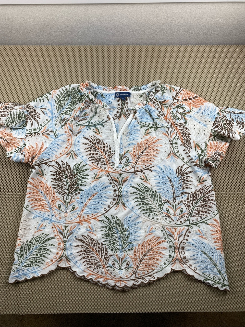 Democracy White Eyelet Top with Blue, Green & Orange Leaf Print